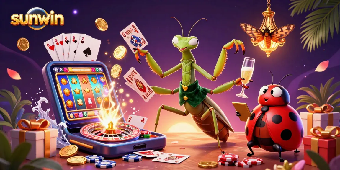 Experience thrilling wins with sunwin as a giant praying mantis dealer shuffles cards and pours champagne.