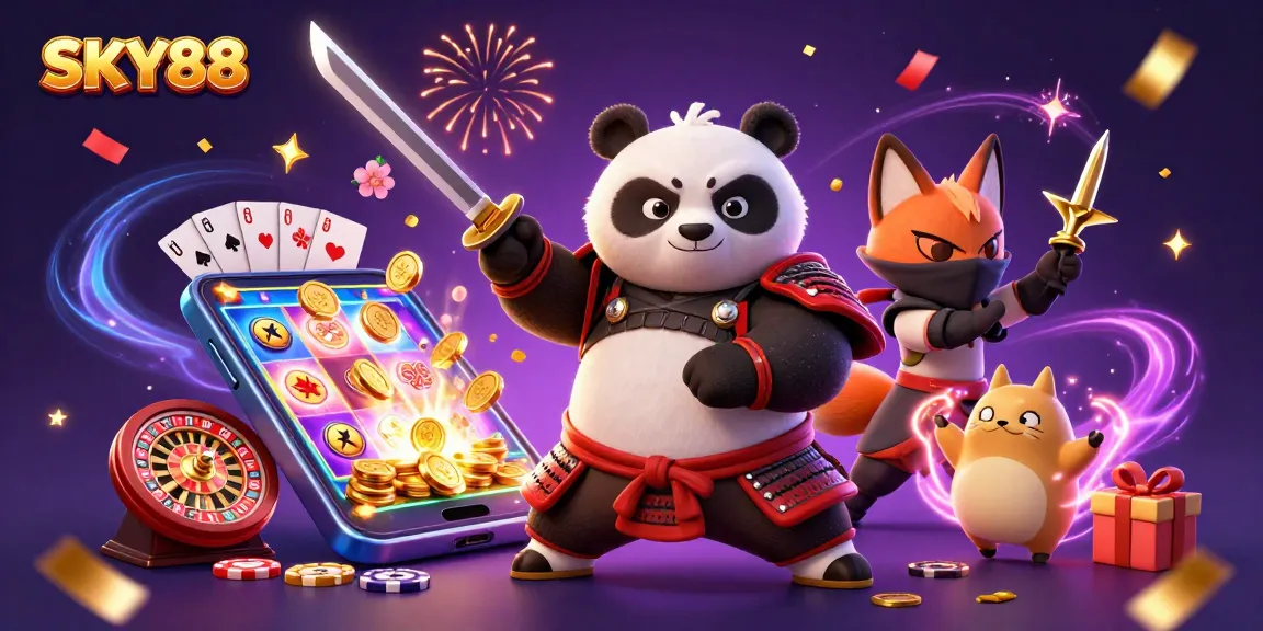 SKY88 brings excitement as 3D characters showcase thrilling slot gaming elements in a vibrant scene.