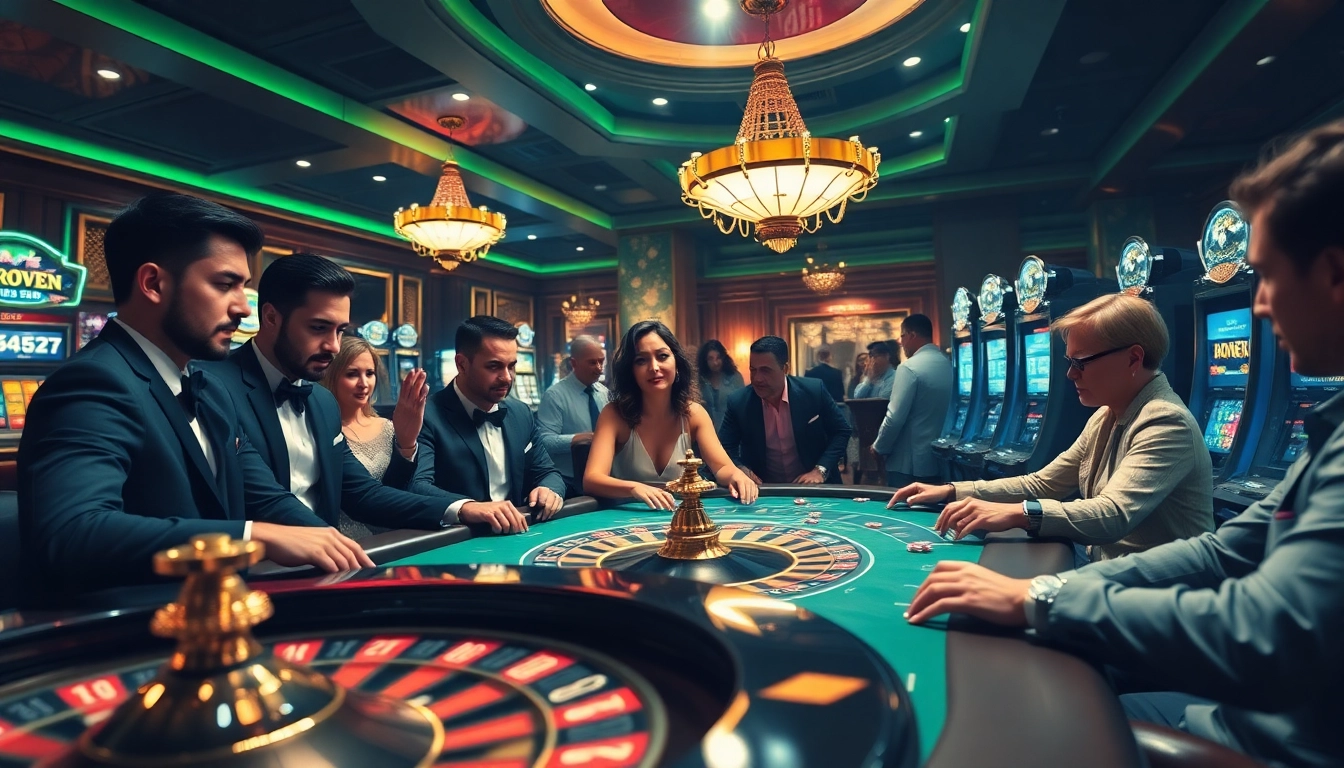 Discover a vibrant casino scene with gamblers enjoying the thrill of a plagiarismus check process amidst roulette and poker tables.