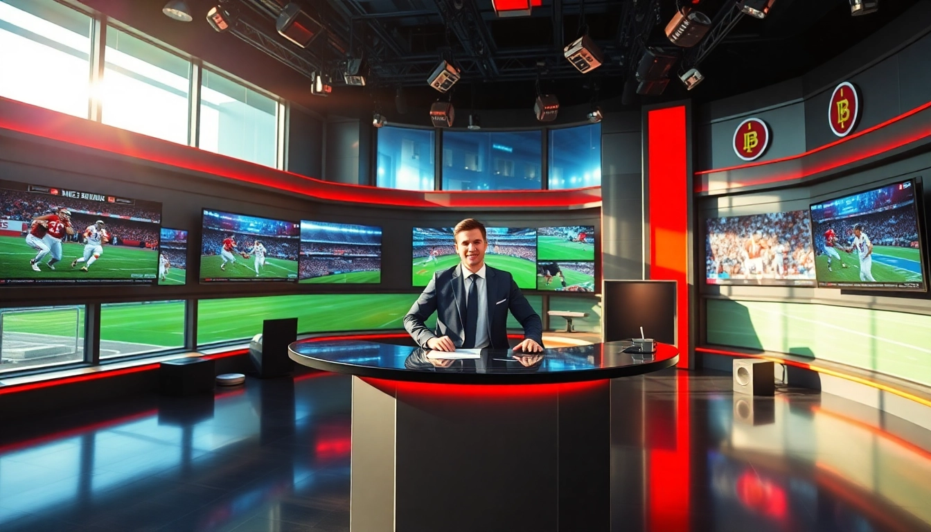 Engaging sports broadcasting studio scene highlighting a professional sports announcer.
