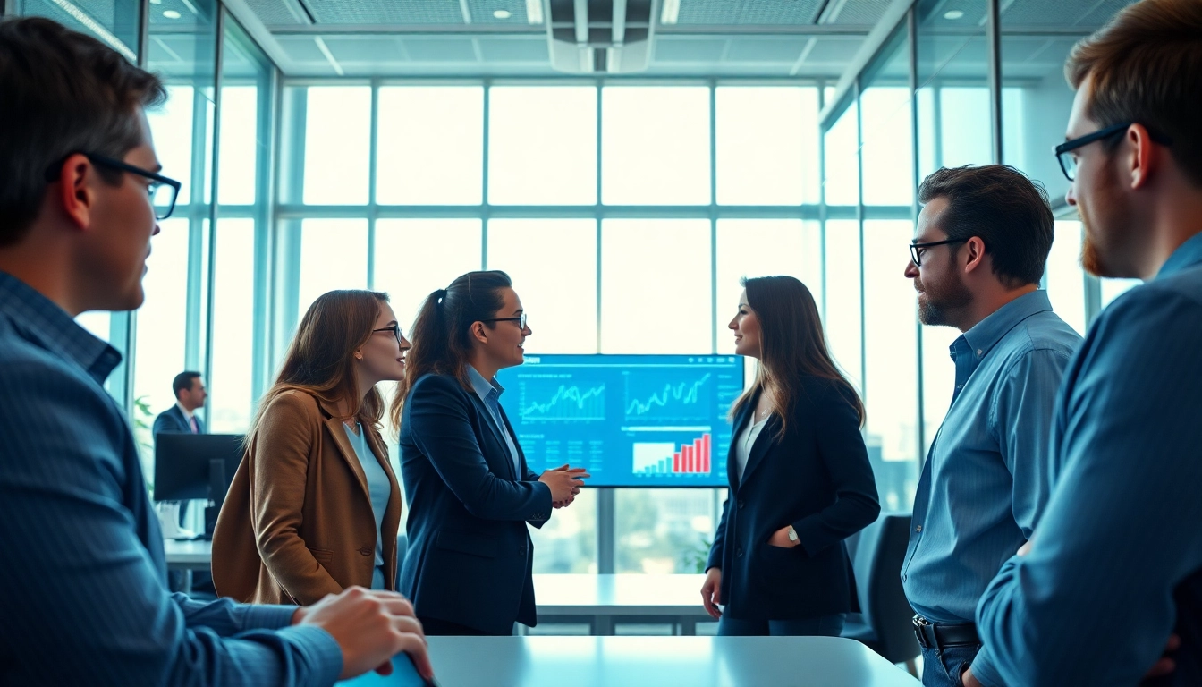 IT Consulting team engaged in a strategic discussion in a modern office environment.