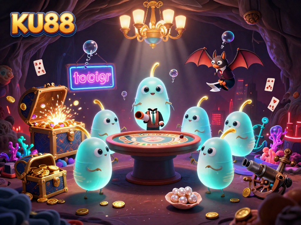 Experience the excitement of KU88 with a dazzling cave casino filled with treasures and vibrant glowworms.