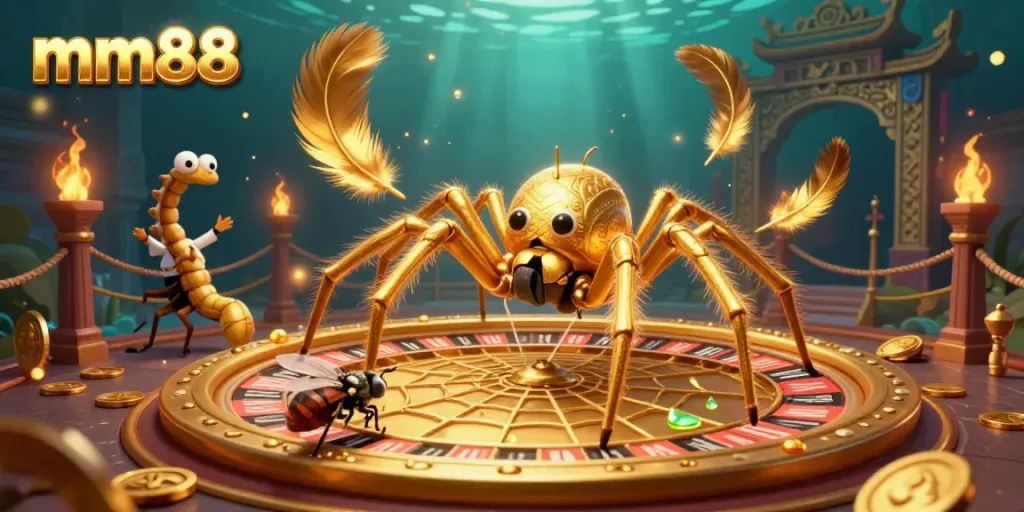 Spin the roulette wheel with mm88's dynamic casino characters, featuring a golden spider and flying bets.
