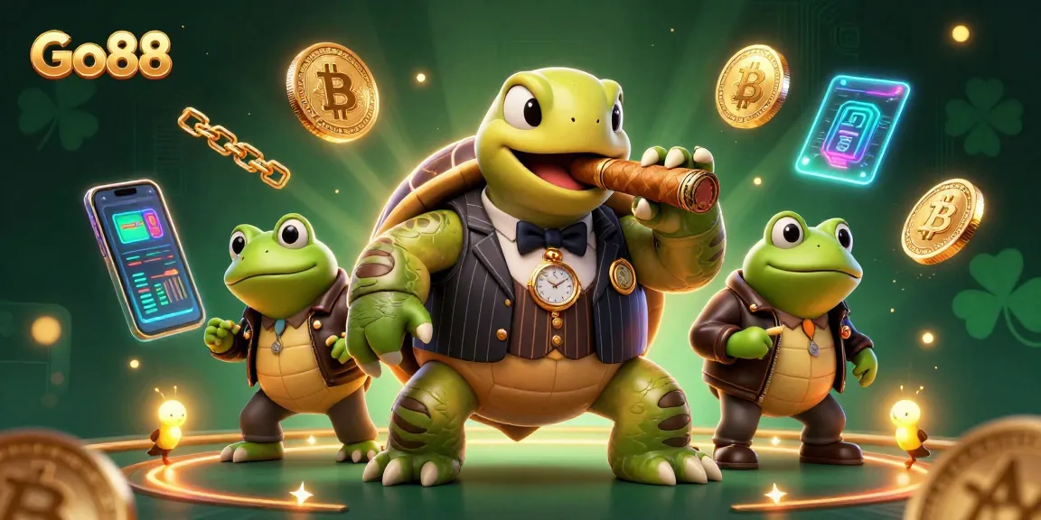 Experience Go88 with thrilling cartoon turtles in a vibrant casino scene full of action.