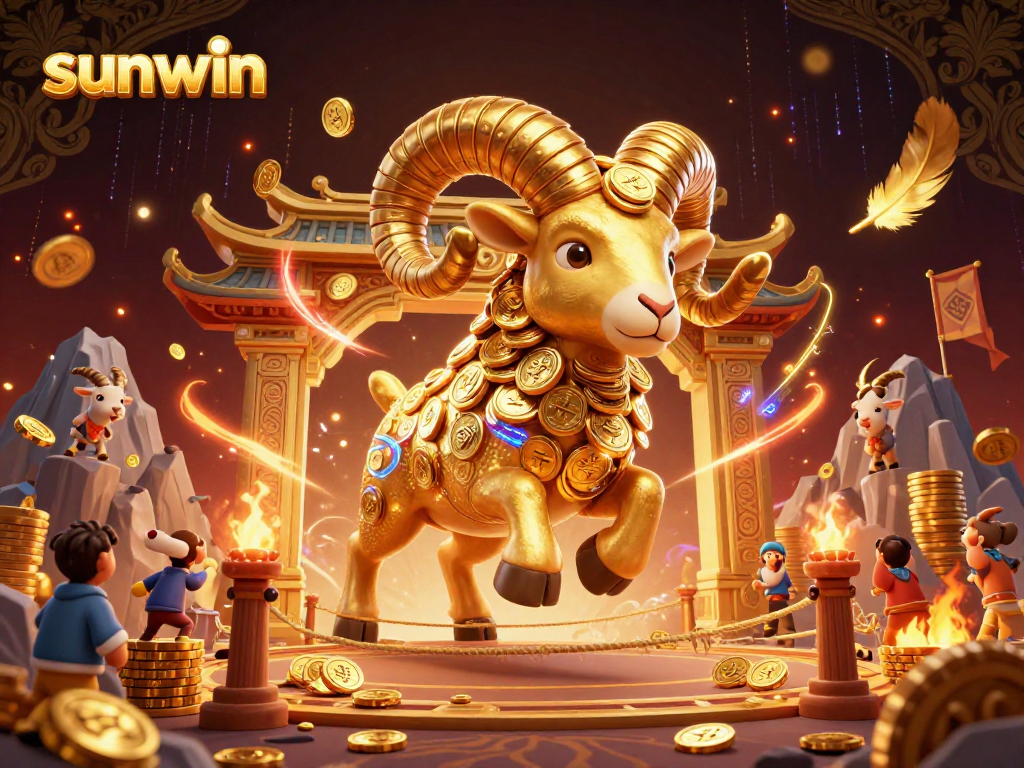 Experience thrilling wins at sunwin with a vibrant 3D illustration showcasing a golden ram and dynamic casino elements.