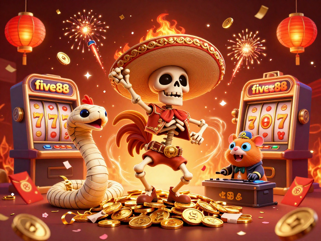 Join the five88 celebration with a skeleton mariachi dancing on golden coins, showcasing vibrant casino elements.