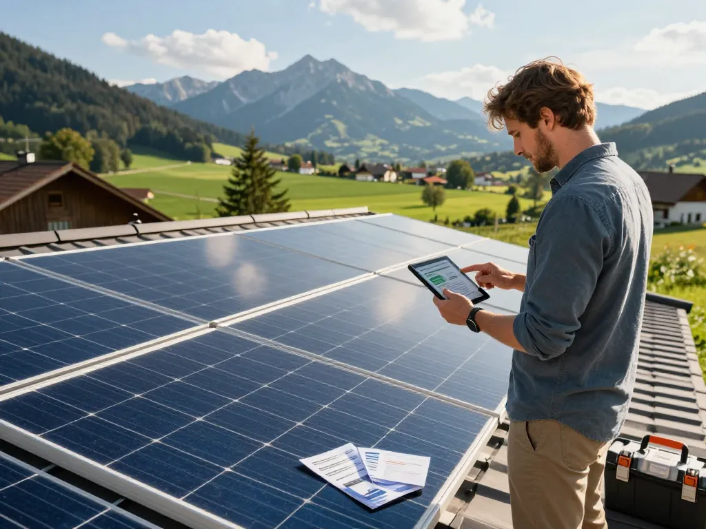 Photovoltaik Bayern Solarpanelinstallation in malerischer bayerischer Landschaft, die die Energieeinsparungen des Hauseigentümers zeigt.