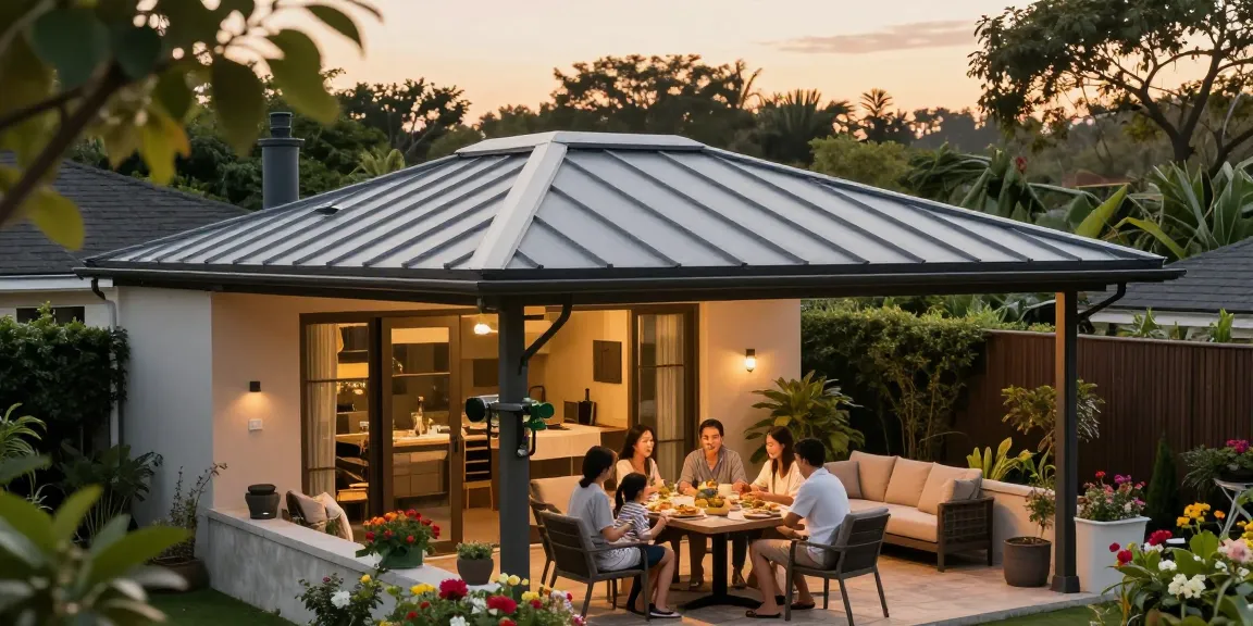 Terrassenüberdachung in einem einladenden Garten mit Familie, die zusammen isst.