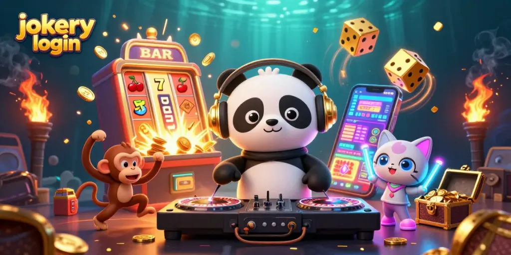 Join the action with jokery login at this vivid casino illustration featuring fun characters and exciting gaming elements.