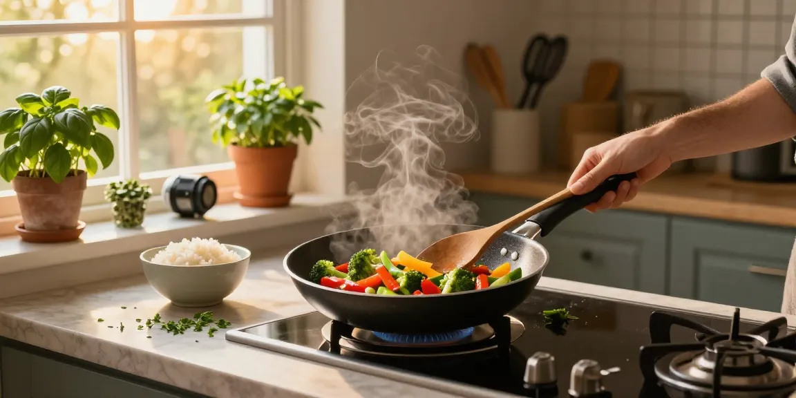 In der modernen Küche bereitet ein Koch Gemüse in einer PTFE freien Pfanne von GreenKitchen zu.