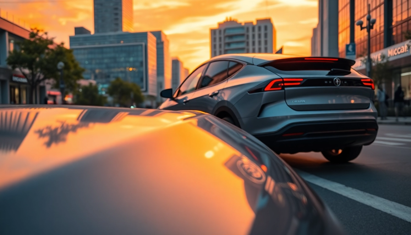 Innovative Elektroautos glänzen in einer futuristischen Stadtlandschaft mit lebendiger Atmosphäre.