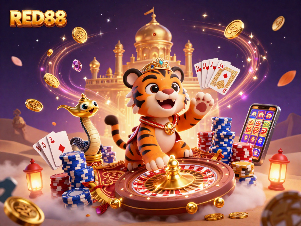 Experience the excitement of RED88 with a dynamic illustration of a sultan and casino elements.