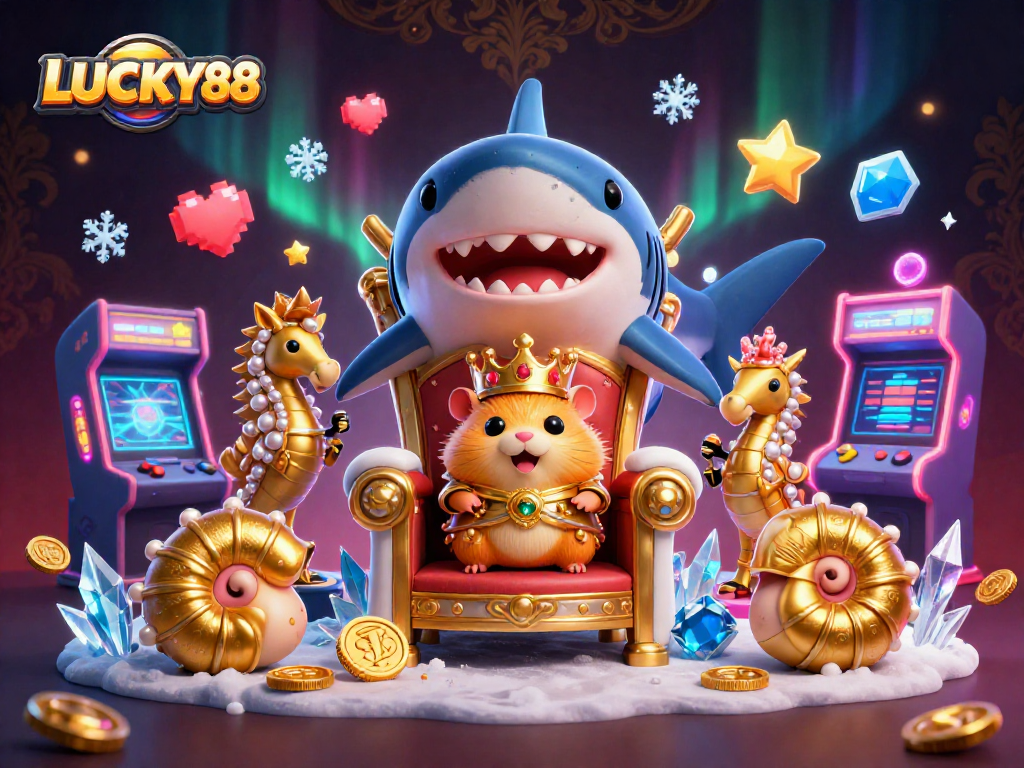 Experience the thrill with LUCKY88, featuring a golden hamster king in a vibrant casino-themed battle.