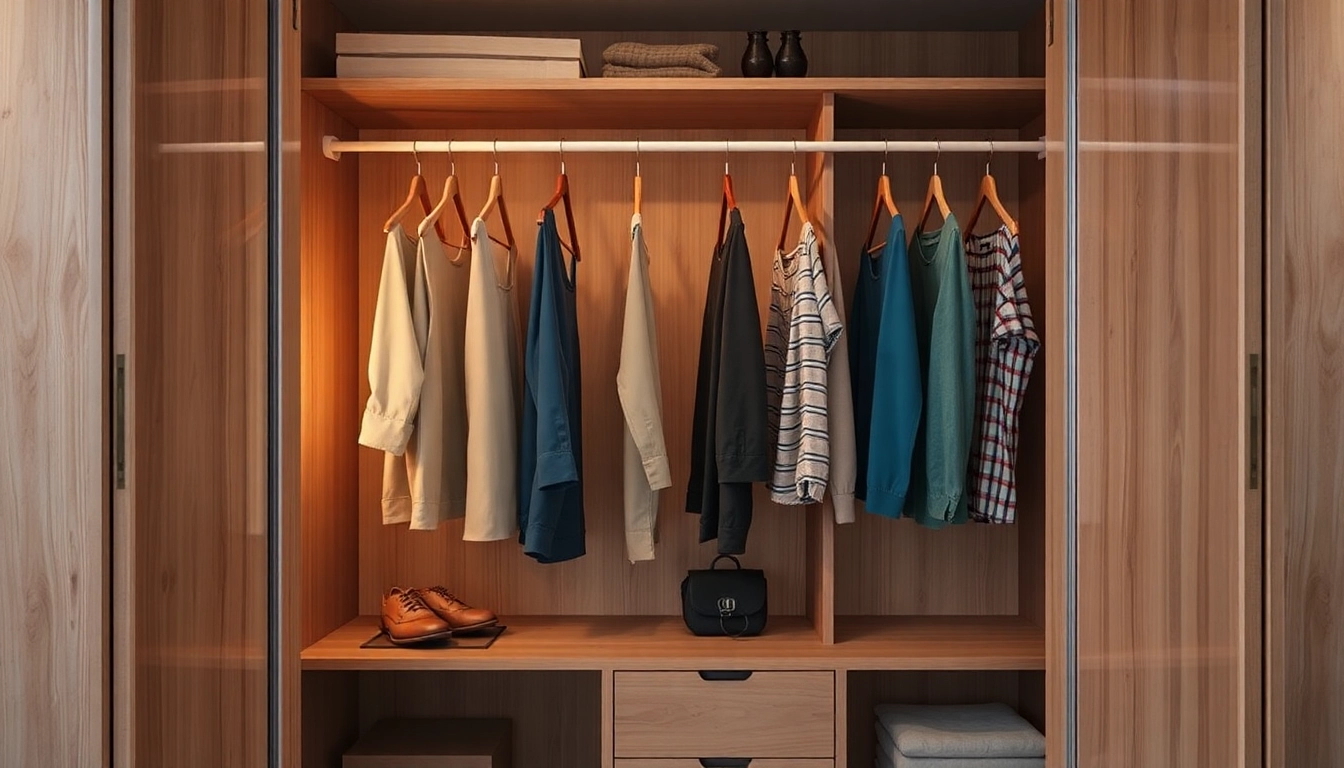 Erkunden Sie nachhaltige kleiderbügel aus Holz und recyceltem Material in einem stilvollen Kleiderschrank.