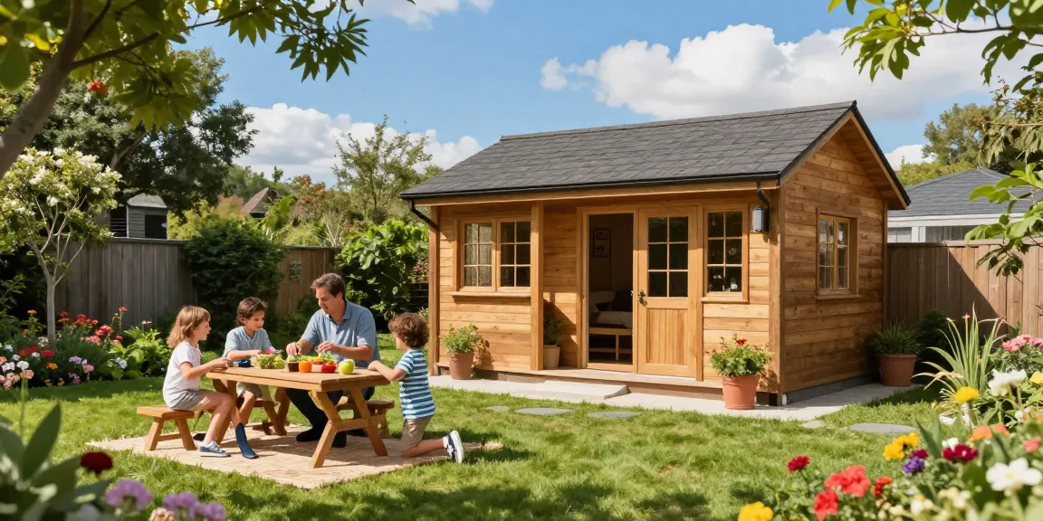 Gartenhaus kaufen: Stilvolles Holz-Gartenhaus im Garten mit Familie bei einem Picknick.