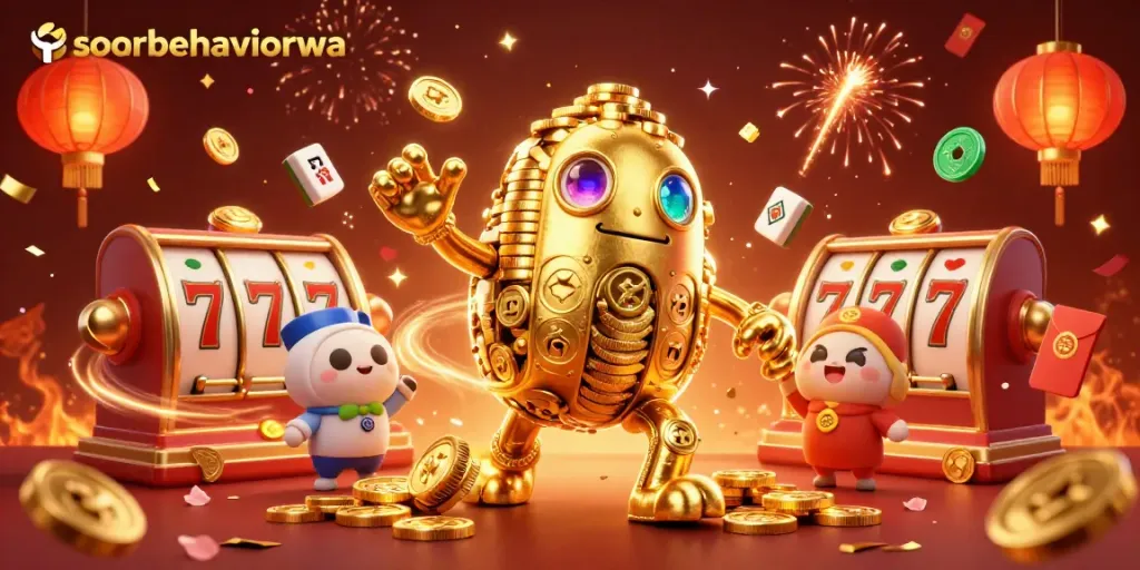 Experience the vibrant energy of soarbehaviorwa with animated symbols and golem in a festive casino scene.