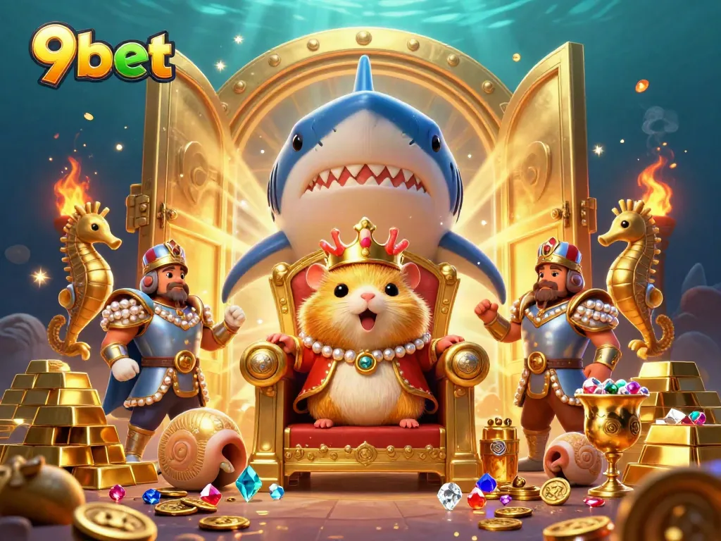 Win big at 9bet with an exciting live casino scene featuring a golden hamster king and treasures.