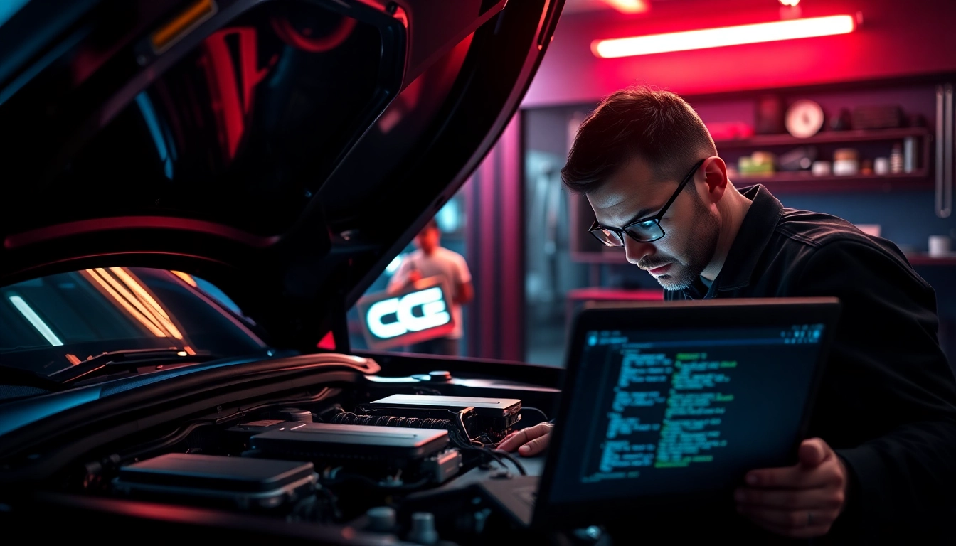 BMW Codierer bei der Arbeit in einer modernen Garage mit technischem Equipment.