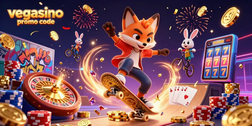 Engaging scene illustrating vegasino promo code with a skateboarder fox and BMX rabbit in a vibrant casino.