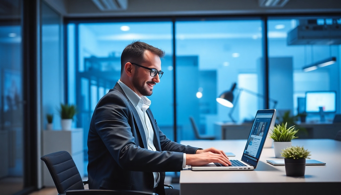 Linkedin Agentur Mitarbeiter erstellt hochwertige LinkedIn-Anzeigen in modernem Büro.