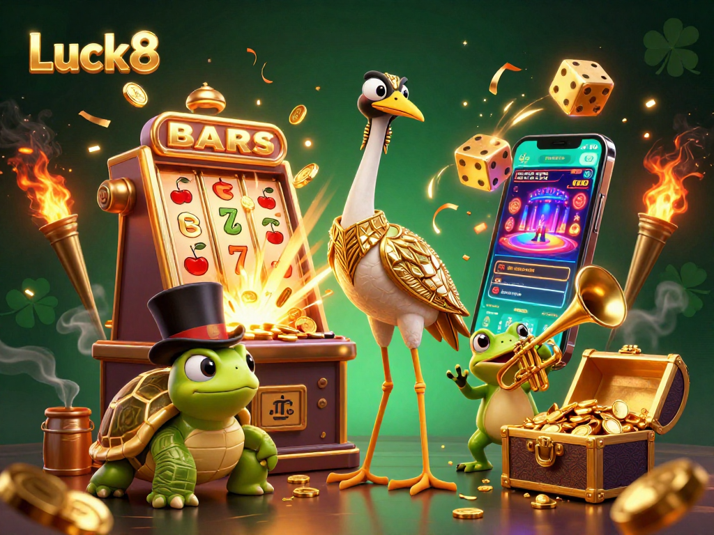 Luck8 players celebrating a jackpot at a vibrant online casino illustration with exciting slot machine elements.