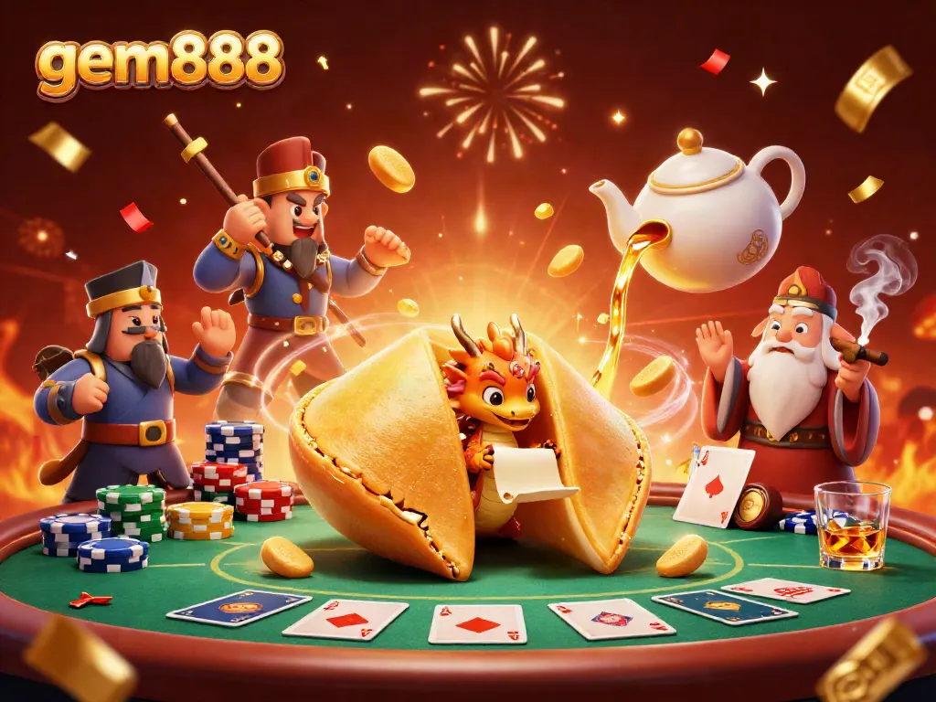 Engage in thrilling gameplay with gem888's vibrant casino atmosphere featuring fortune cookies and poker elements.