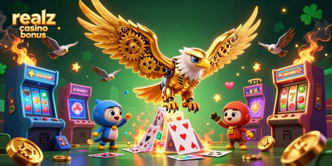Erleben Sie den realz casino bonus mit goldenen Krähen und Spielautomaten in aufwendiger 3D-Illustration.