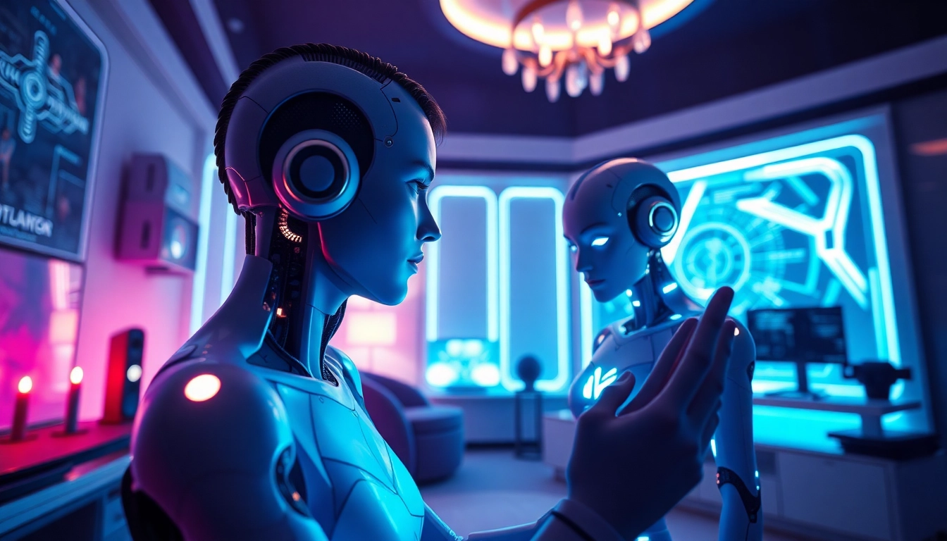 Engaging interaction with an AI sex bot in a modern, intimate setting, highlighting emotional connection.