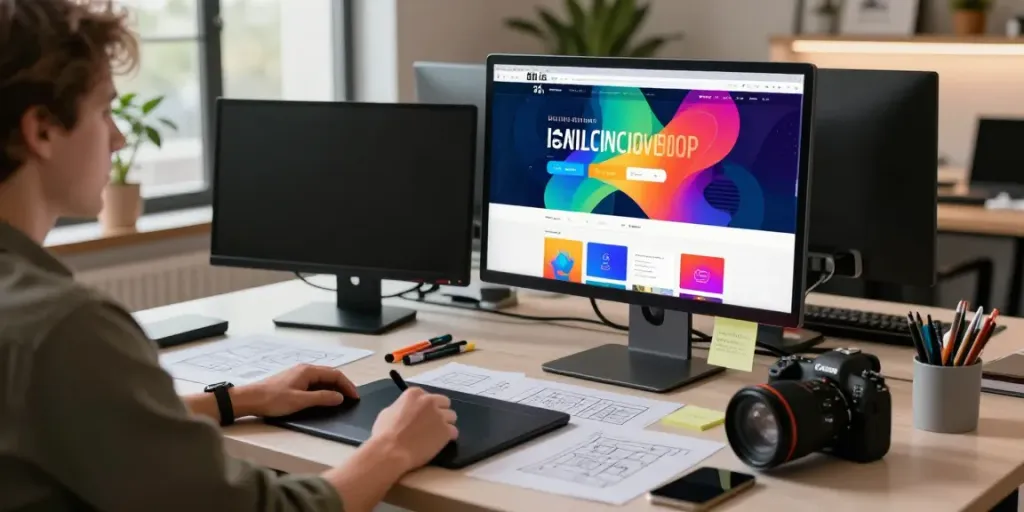 Professioneller Webdesign-Arbeitsplatz mit kreativen Elementen und lebhaften Designs, Webdesign Saarland im Fokus.