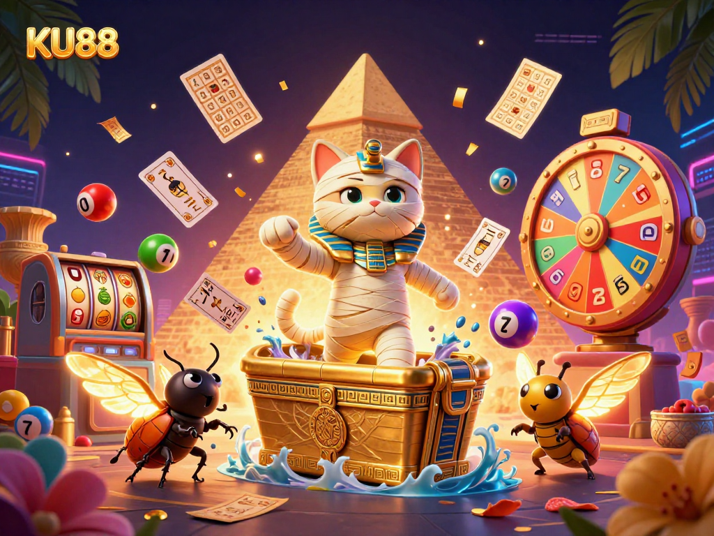 Engage with the vibrant KU88 casino scene featuring a playful Egyptian mummy cat and dynamic gaming elements.