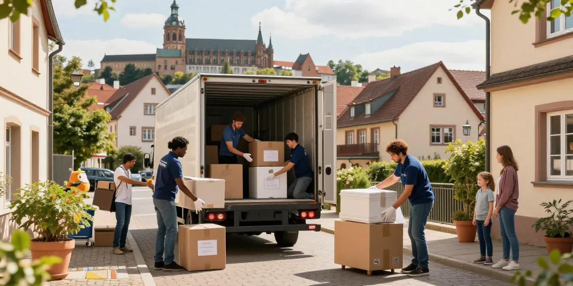 Umzugsunternehmen Speyer: Professionelles Umzugsteam packt sorgfältig in historischem Stadtumfeld.