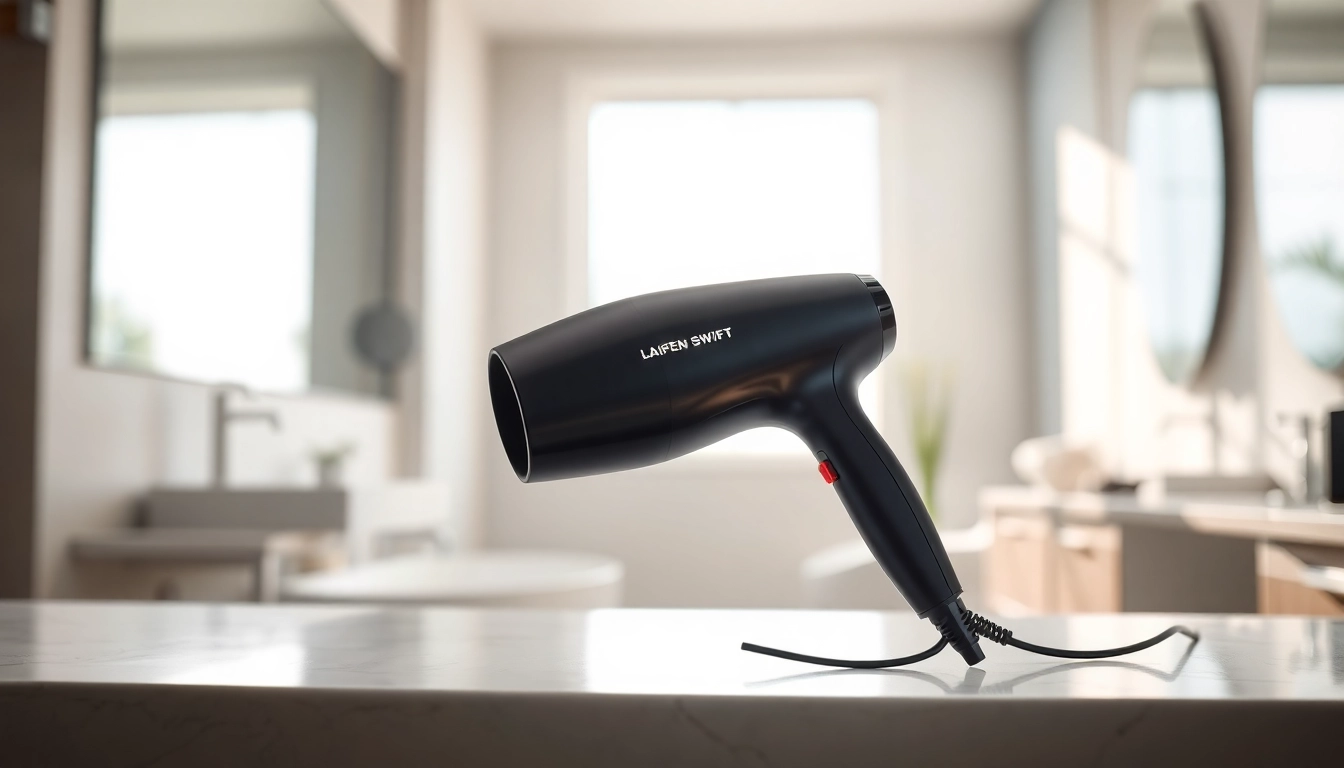 Laifen Swift Haartrockner in elegant Badumgebung stehend und einen Hauch von Luxus verleihend.