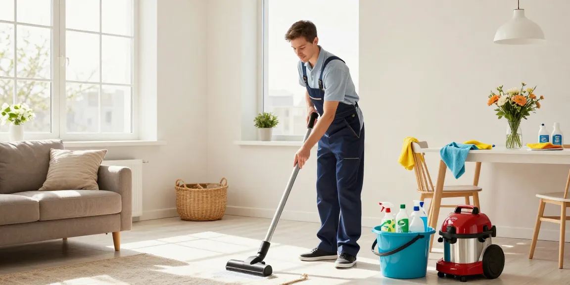 Professional cleaning at home with putzinstitute bern services, showcasing a bright living room and skilled cleaner.