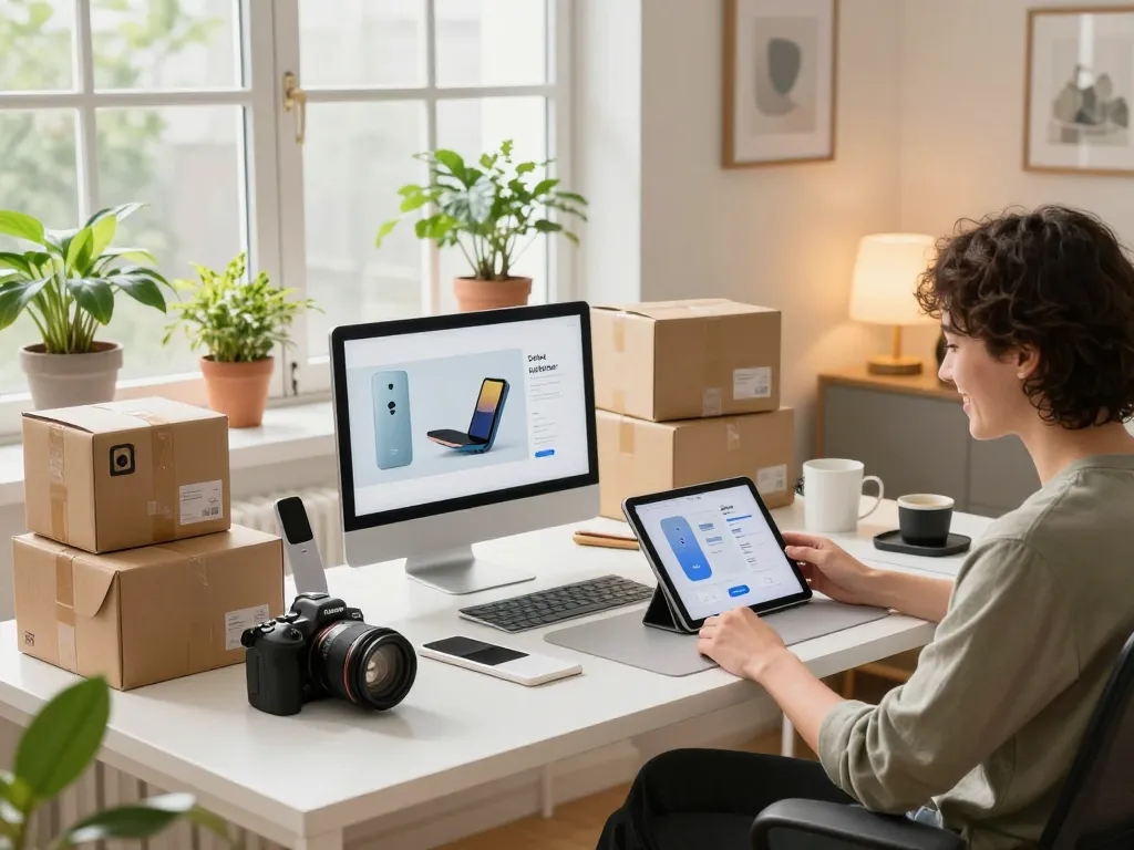 Sofort Lieferbar Produkte in einem stilvollen Homeoffice mit natürlichem Licht präsentiert