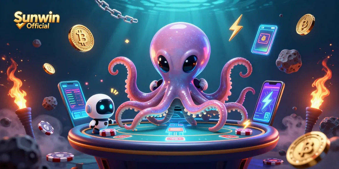 Engage with Sunwin Official at a cosmic poker table featuring a vibrant alien octopus.