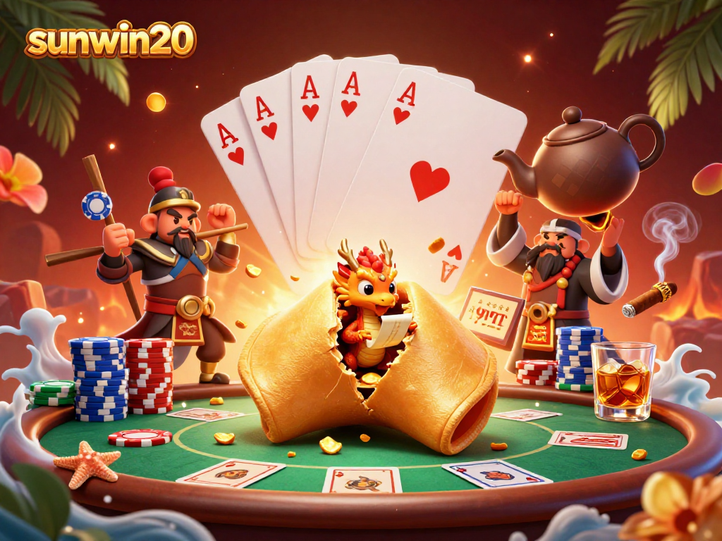 Engage with sunwin20 in a vibrant online casino scene featuring a golden fortune cookie guardian.