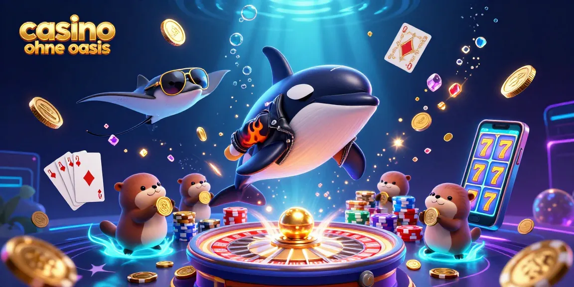 Cascade of coins and a jumping whale welcome players to casino ohne oasis, showcasing vibrant gambling excitement.