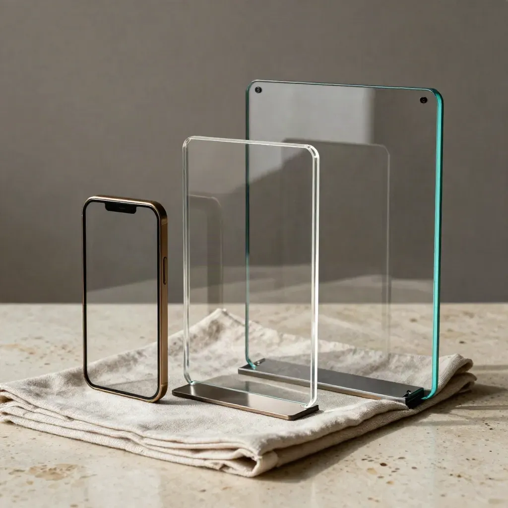 Transparente Acrylrahmen in drei Formaten mit Metallständer und Stoff auf Travertin.