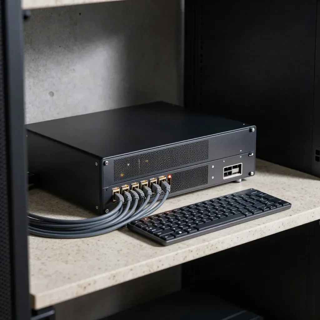 Schwarzer Serverhub mit Kabeln und Tastatur auf Travertin, Statuslichter im ruhigen Licht.