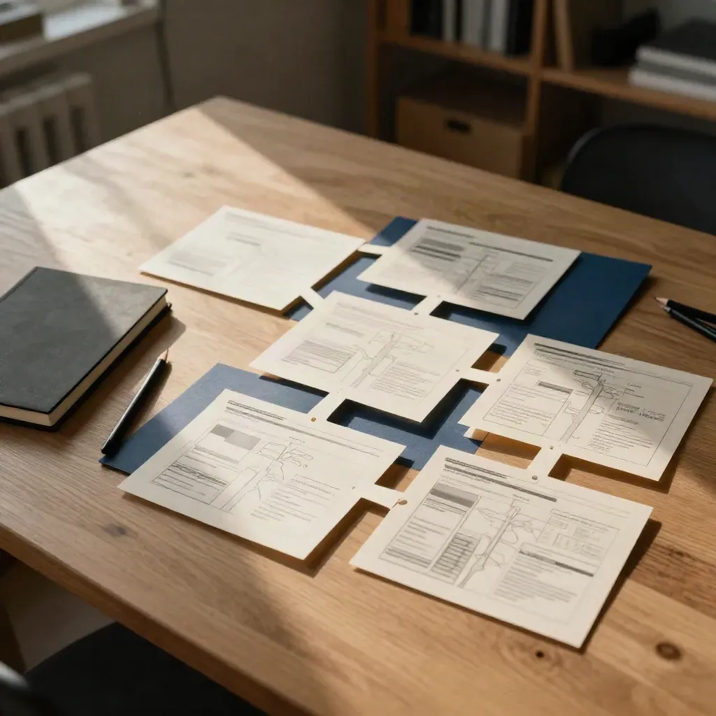 Website-Strategie mit Karten, schwarzem Notizbuch und zwei Bleistiften auf hellem Holztisch.