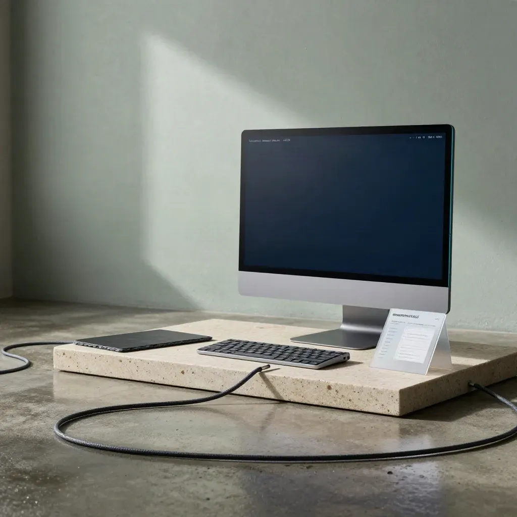 Cineastische Webstudio-Szene mit Monitor, Keyboard, Tablet und Layoutkarten im Regenlicht.