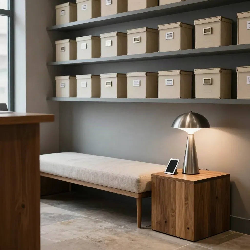 Helle, ruhige Warteecke einer Steuerkanzlei mit Bank, Regal und skulpturaler Lampe.