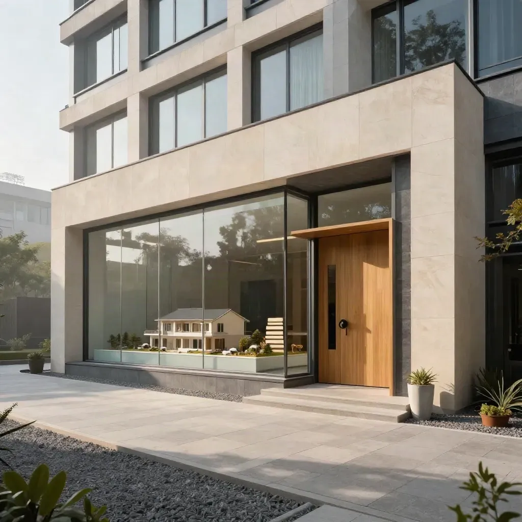 Moderne Architekturpraxis mit Glasfassade, Modell hinter Fenstern und ruhigem Vorplatz.