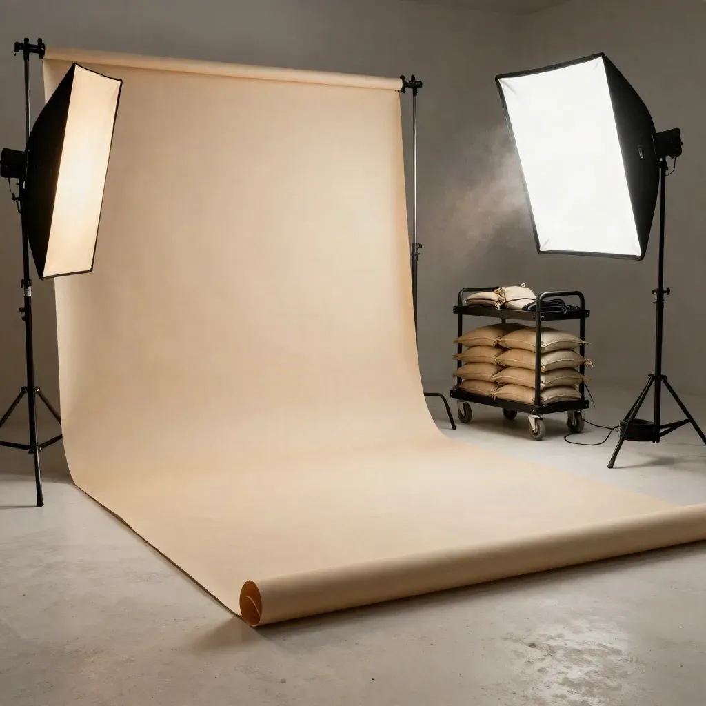 Leeres Fotostudio mit Rollhintergrund, Softboxen und Equipmentwagen im warmen Licht.