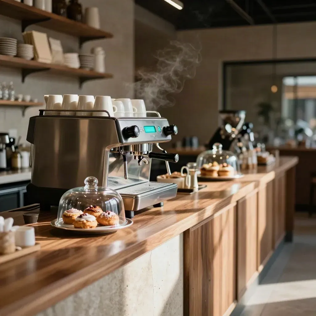 Leere Café-Bar mit Espressomaschine, Glaskuppel und Take-away-Regal im warmen Licht.