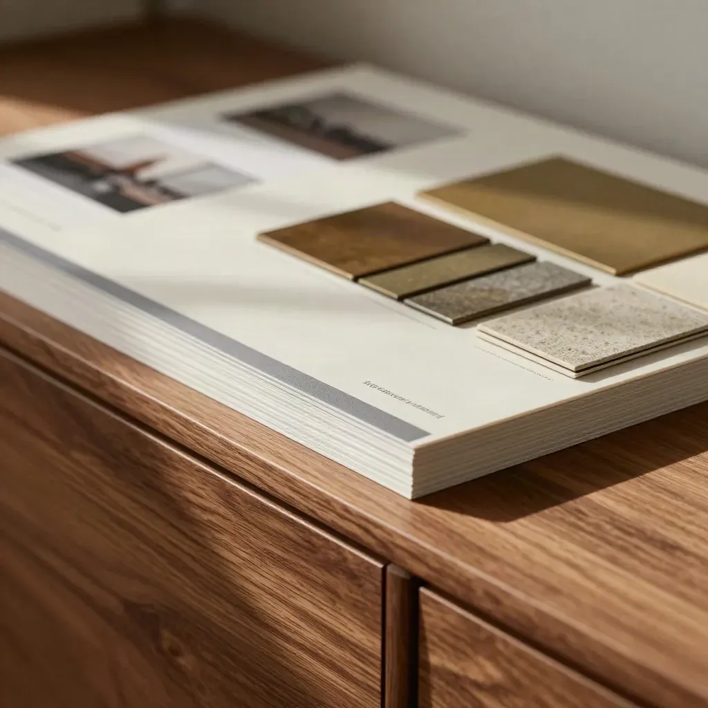 Makro einer ordentlichen Planungsoffice-Credenza mit Modelltafeln und Materialmustern.