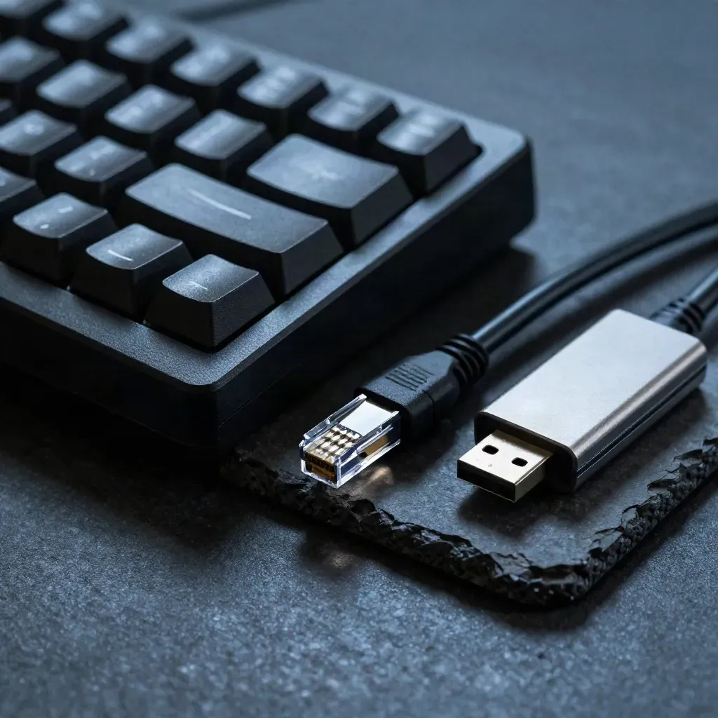 Dramatisches Stillleben mit Tastaturecke, Ethernetkabel und USB-Stick auf dunklem Stein.