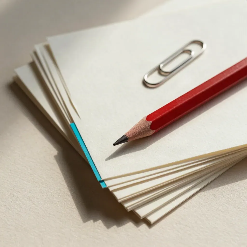 Fächer aus Layoutkarten mit rotem Bleistift und Büroklammer auf cremefarbenem Leinen.