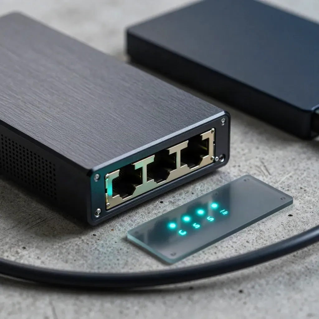 Netzwerkhub, Backup-Laufwerk und cyan leuchtende Statusanzeige auf hellem Stein.