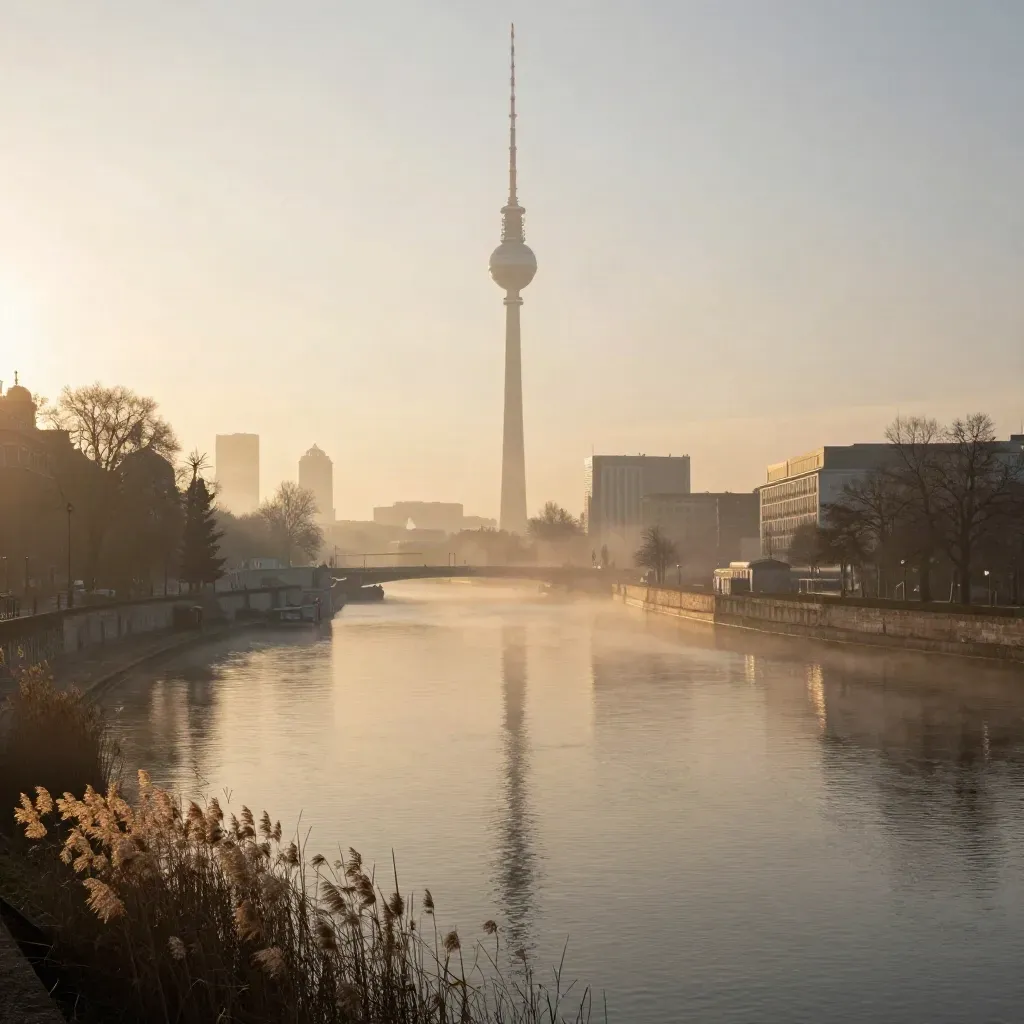 Berliner Skyline im Morgennebel mit klein hohem Fernsehturm über der Spree